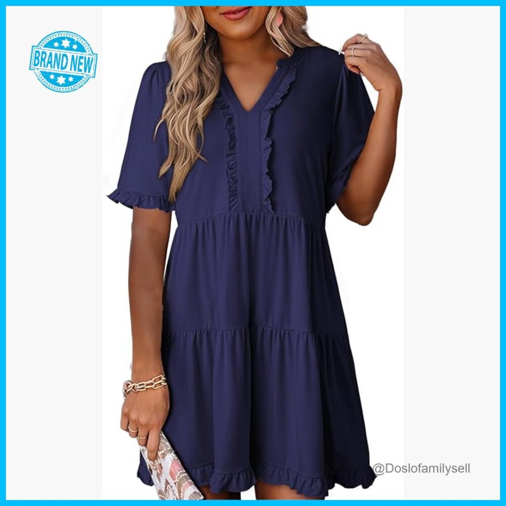 V-Neck Tiered Ruffle Mini Dress Casual Summer Swing Tunic Chic Babydoll